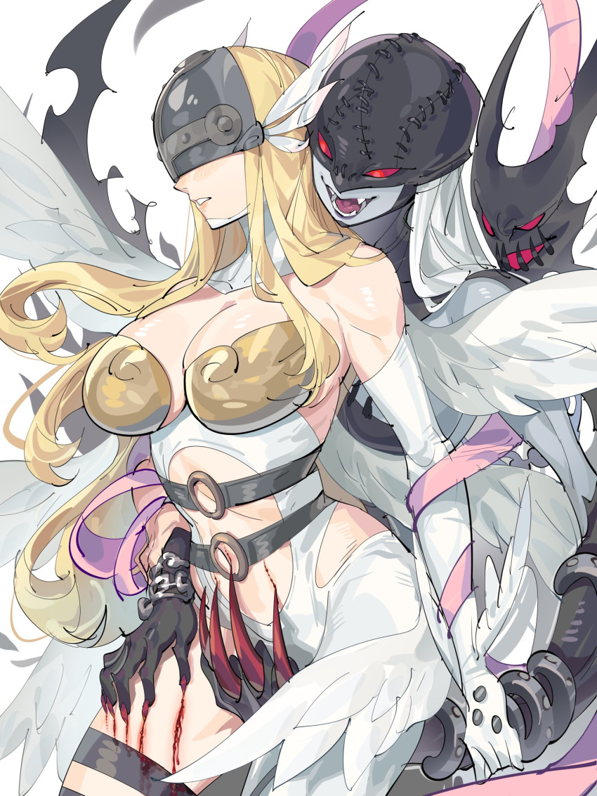 2girls angel_and_devil angel_wings angewomon armor black_bodysuit blonde_hair blood blush bodysuit breastplate breasts claws cleavage clothing_cutout colored_skin covered_eyes cowboy_shot demon_girl digimon digimon_(creature) fangs feathered_wings grabbing grabbing_from_behind grey_skin helmet helmet_over_eyes highres holding_another's_wrist injury ladydevimon large_breasts long_hair multiple_girls navel o-ring open_mouth pink_ribbon red_eyes ribbon stitches stomach_cutout teeth torn_bodysuit torn_clothes white_background white_wings wings yuri zocehuy