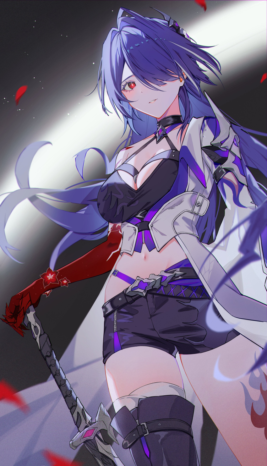 1girl absurdres acheron_(honkai:_star_rail) black_choker black_gloves black_shorts body_markings boots breasts chain chamaru5963 choker cleavage coat coattails detached_sleeves falling_petals flower gloves hair_over_one_eye highres holding holding_sword holding_weapon honkai:_star_rail honkai_(series) leg_tattoo long_hair looking_at_viewer midriff multicolored_hair navel petals purple_hair red_eyes red_flower red_petals scabbard sheath sheathed short_shorts shorts single_bare_shoulder solo stomach streaked_hair sword tattoo thigh_boots weapon white_coat