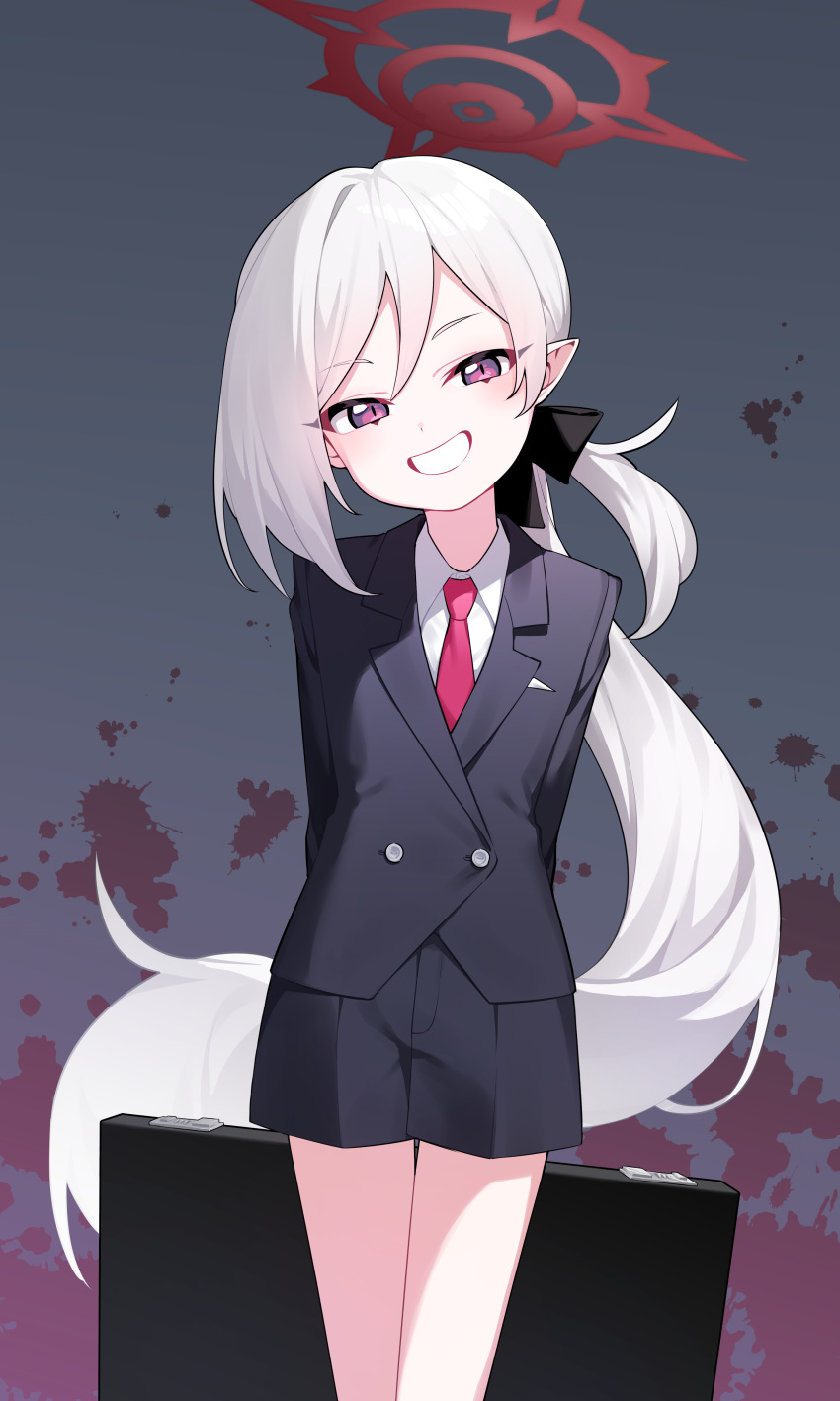 1girl absurdres black_shorts blood blood_splatter blue_archive blush collared_shirt cowboy_shot grey_hair grin halo highres honi_(honi1010) long_hair long_sleeves looking_at_viewer mutsuki_(blue_archive) mutsuki_(suit)_(blue_archive) necktie official_alternate_costume pointy_ears ponytail purple_eyes red_halo red_necktie shirt shorts smile solo suit white_shirt