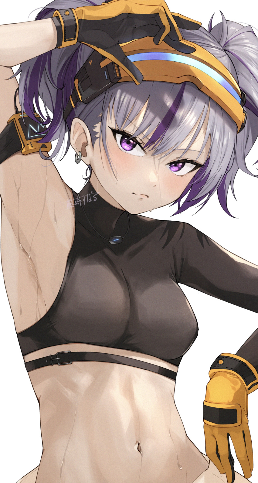 1girl absurdres armpits black_shirt breasts closed_mouth commentary_request crop_top drilley_(nikke) earrings frown fujisaki_subaru gloves goddess_of_victory:_nikke grey_hair highres jewelry looking_at_viewer medium_breasts midriff multicolored_hair navel purple_eyes purple_hair shirt short_twintails simple_background single_sleeve skin_tight solo streaked_hair sweat sweaty_armpits twintails two-tone_hair white_background yellow_gloves