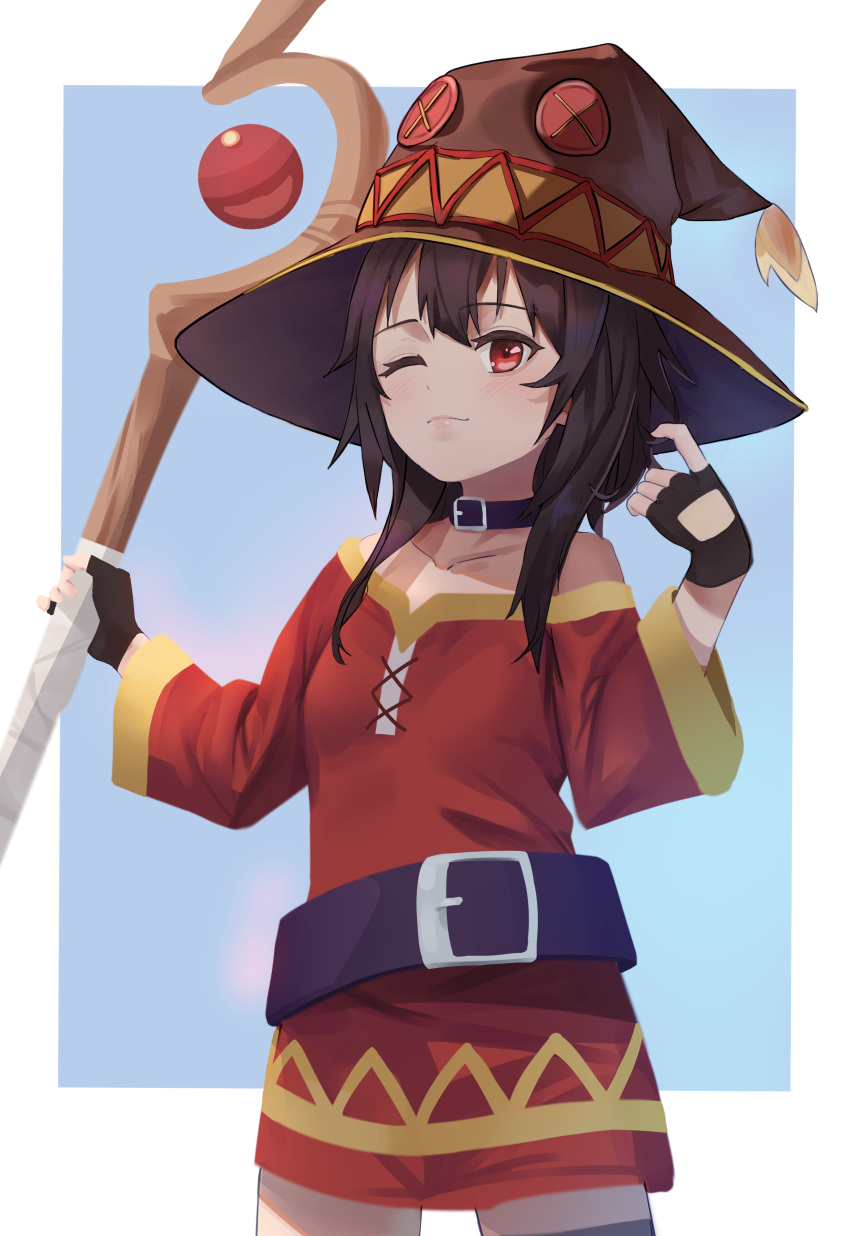 1girl absurdres black_gloves brown_hair button_eyes buttons collar dress fingerless_gloves gloves hat highres holding holding_staff kono_subarashii_sekai_ni_shukufuku_wo! mage_staff megumin nanado27_7 off-shoulder_dress off_shoulder one_eye_closed red_dress red_eyes short_hair_with_long_locks single_thighhigh solo staff thighhighs witch_hat