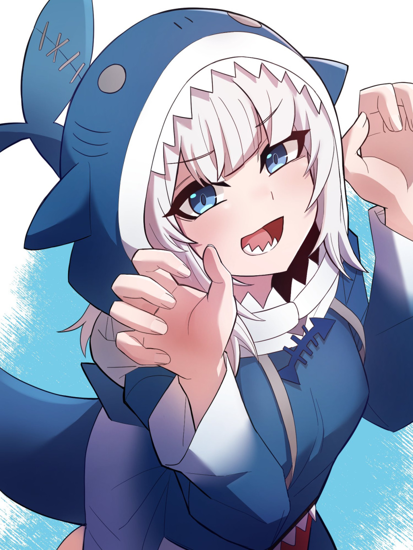 1girl animal_hood blue_eyes blue_hair blue_hoodie drawstring fins fish_tail gawr_gura gawr_gura_(1st_costume) hands_up highres hololive hololive_english hood hood_up hoodie long_sleeves looking_at_viewer lower_teeth_only multicolored_hair open_mouth shark_hood shark_tail sharp_teeth simple_background smile solo streaked_hair sung08ko tail teeth virtual_youtuber white_hair