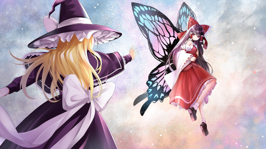 2girls alternate_costume ascot back_bow blonde_hair bow brown_hair butterfly_wings capelet chest_sarashi closed_mouth commentary_request detached_sleeves dress frilled_bow frilled_hair_tubes frills hair_bow hair_tubes hakurei_reimu hat hat_bow highres insect_wings kirisame_marisa long_hair long_sleeves multiple_girls nodoguro_(phi-tan) purple_capelet purple_dress purple_hat reaching reaching_towards_another red_bow red_eyes red_skirt ribbon-trimmed_sleeves ribbon_trim sarashi shoes skirt skirt_set touhou very_long_hair white_bow wings witch_hat yellow_ascot