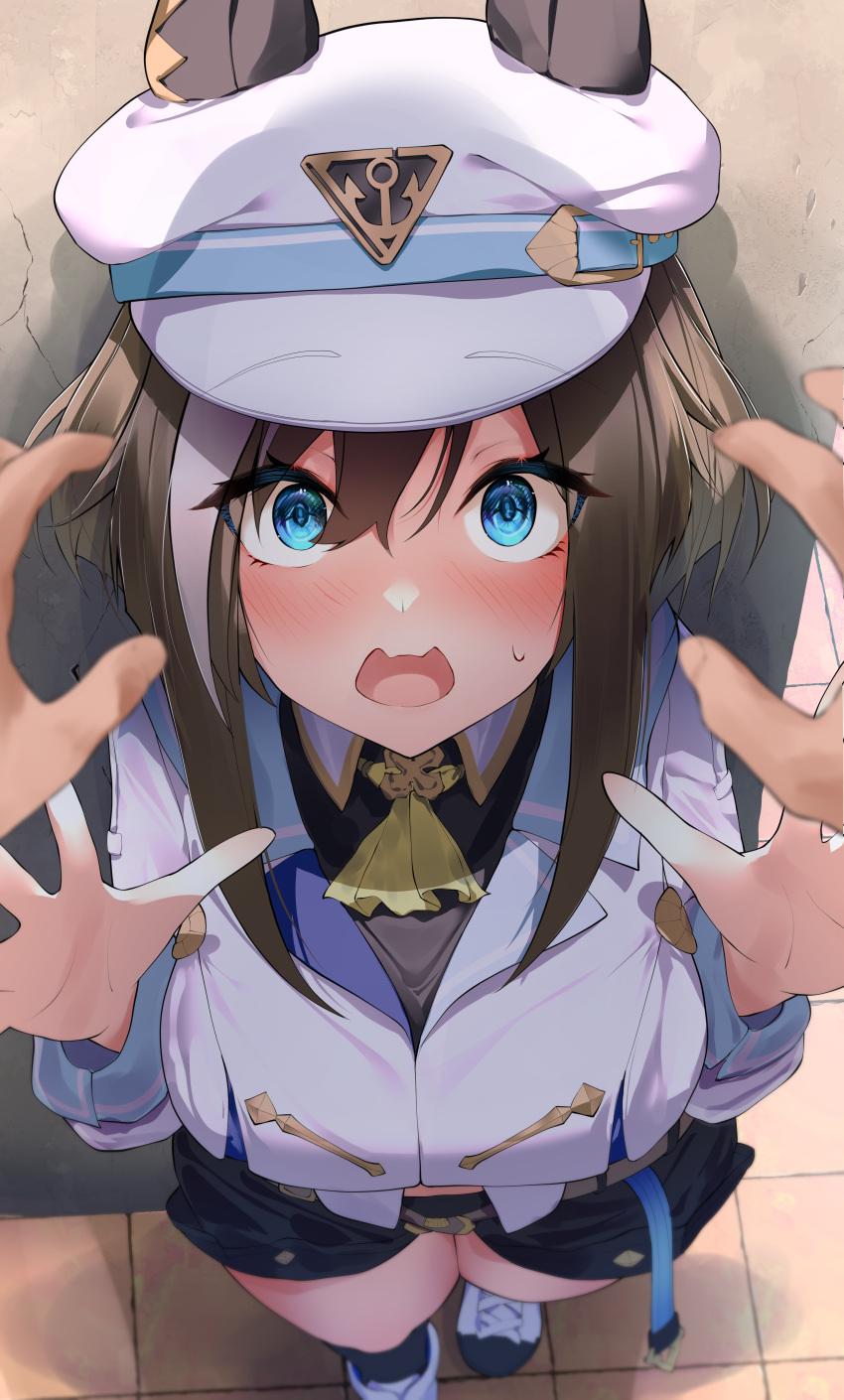 1girl @_@ absurdres against_wall belt blue_eyes breasts brown_hair cheval_grand_(umamusume) commentary_request hair_between_eyes hair_ornament hat highres horse_girl looking_at_viewer medium_breasts medium_hair open_mouth pov pov_hands shorts shumai_il solo sweat umamusume