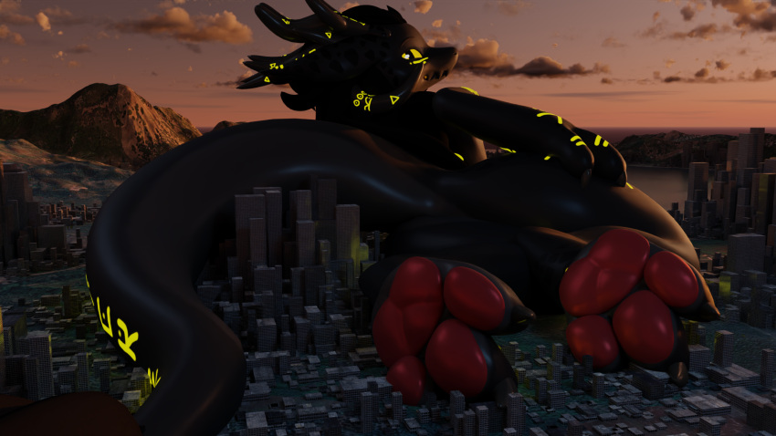 16:9 3_toes 3d_(artwork) animal_humanoid blender_(artwork) city claws digital_media_(artwork) dragon dragon_humanoid feet hair hi_res horn humanoid looking_at_viewer macro male mosterdhx mythological_creature mythological_scalie mythology nude pawpads paws runes scalie smile solo tail toes widescreen