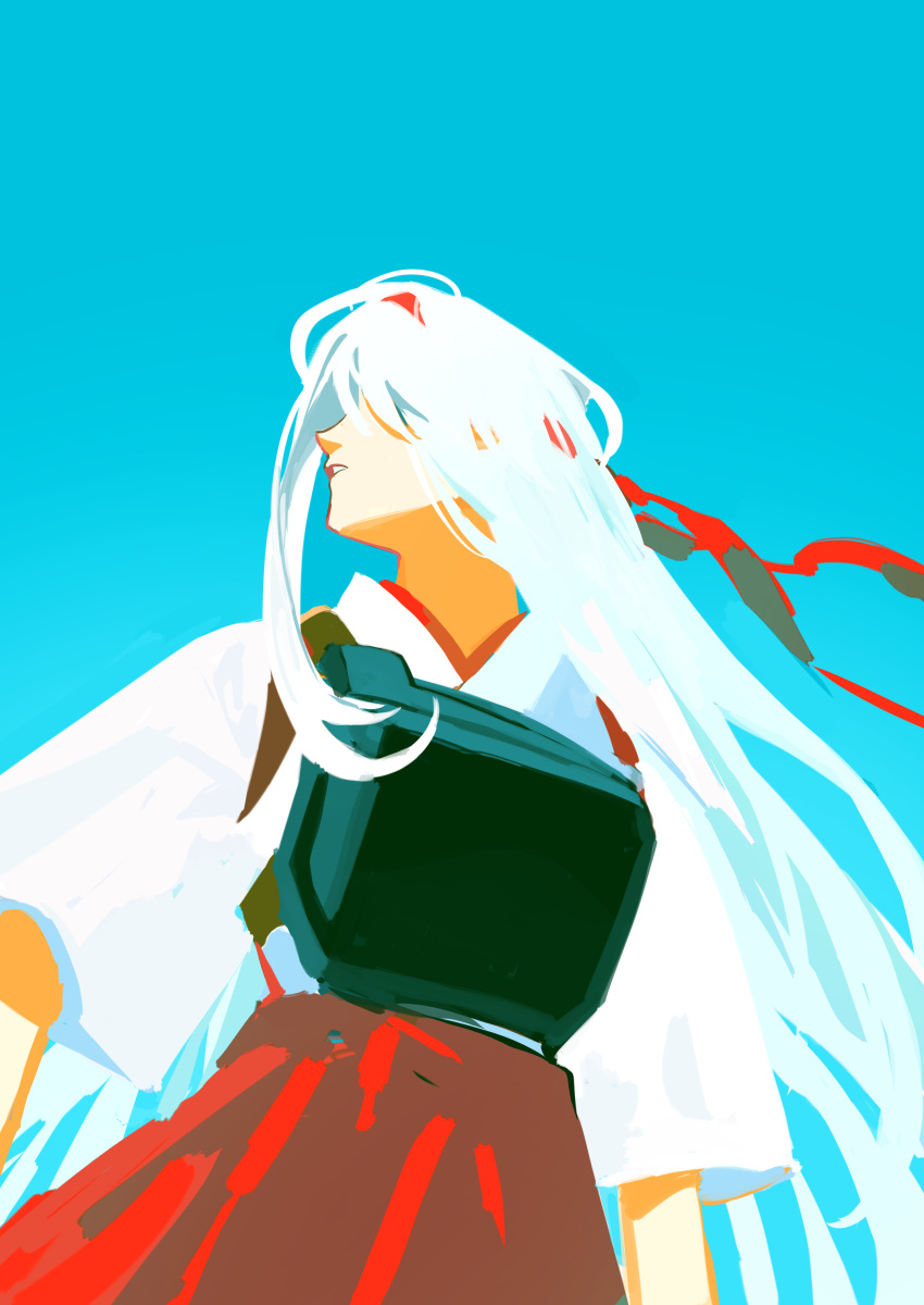 1girl absurdres aqua_background covered_eyes hair_over_eyes hakama headband highres hoshi_(liujingxing333) japanese_clothes kantai_collection long_hair muneate parted_lips profile red_hakama red_headband shoukaku_(kancolle) simple_background solo very_long_hair white_hair wide_sleeves