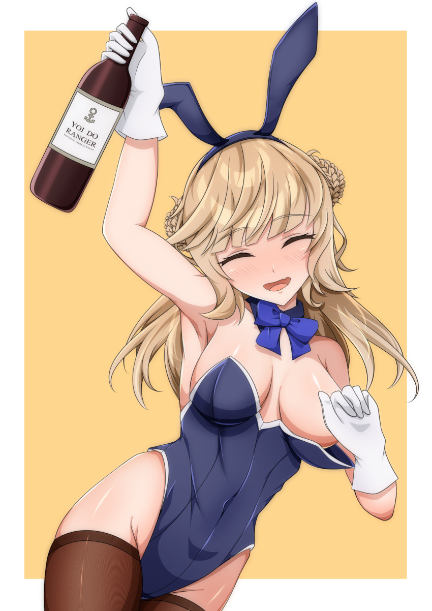 1girl animal_ears bell_shireikan blonde_hair blue_bow blue_bowtie blue_leotard blush bottle bow bowtie breasts brown_thighhighs convenient_hand cowboy_shot detached_collar detached_sleeves double_bun drunk eyebrows_hidden_by_hair flat_color gloves hair_bun highres kantai_collection large_breasts leotard long_hair nose_blush one-hour_drawing_challenge playboy_bunny rabbit_ears ranger_(kancolle) solo strapless strapless_leotard thighhighs twitter_username two-tone_background white_gloves wine_bottle yellow_background