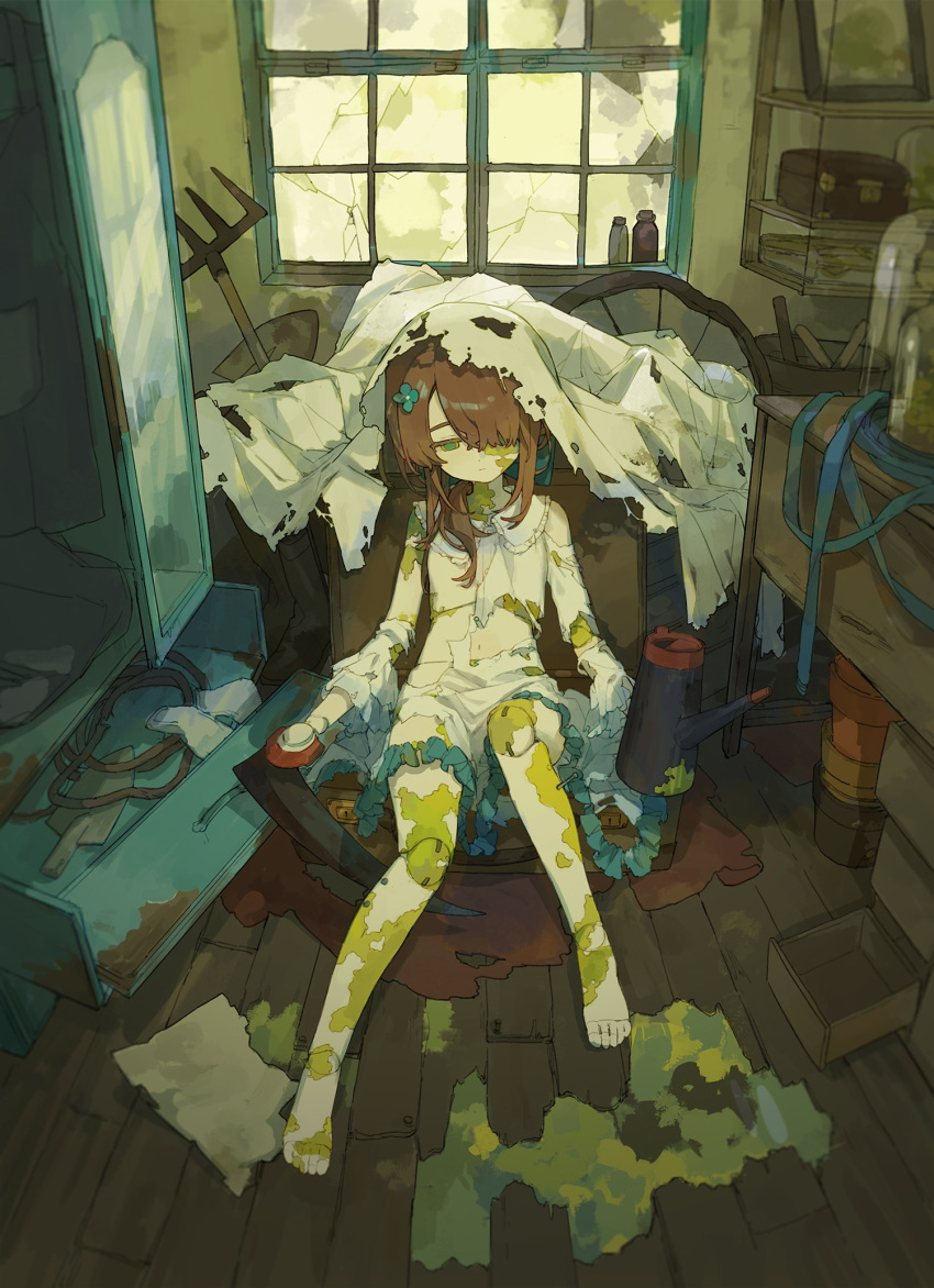 1girl abandoned bacheally blank_eyes blanket blue_flower broken_arm brown_hair closed_mouth commission curtains desk doll doll_joints down dress expressionless flower full_body green_eyes hair_flower hair_ornament hair_over_one_eye highres hood indoors joints long_sleeves looking_down messy_room moss original short_hair sitting sleepwear solo torn_clothes warehouse white_dress window