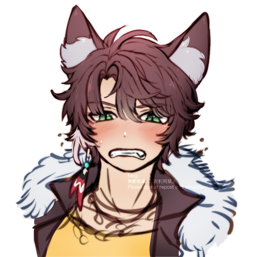 1boy alternate_eye_color animal_ear_fluff animal_ears black_jacket blush brown_hair clenched_teeth commentary_request fur_collar green_eyes hair_between_eyes highres jacket long_bangs looking_at_viewer mahjong_soul male_focus meg_(user_xszk7724) shirt short_hair simple_background solo teeth upper_body white_background wolf_boy wolf_ears yellow_shirt zechs_(mahjong_soul)