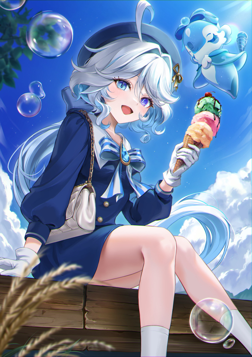 1girl absurdres alternate_costume bag beret blue_brooch blue_eyes blue_hair blue_hat blue_shirt blue_skirt blue_sky breasts cloud colored_inner_hair cowlick day drop-shaped_pupils food from_below furina_(genshin_impact) genshin_impact gloves hat heterochromia highres holding holding_food holding_ice_cream ice_cream ice_cream_cone light_blue_hair long_hair long_sleeves medium_breasts multicolored_hair mungmung open_mouth puffy_long_sleeves puffy_sleeves shirt shoulder_bag sitting skirt sky soap_bubbles socks solo surintendante_chevalmarin symbol-shaped_pupils white_gloves white_socks