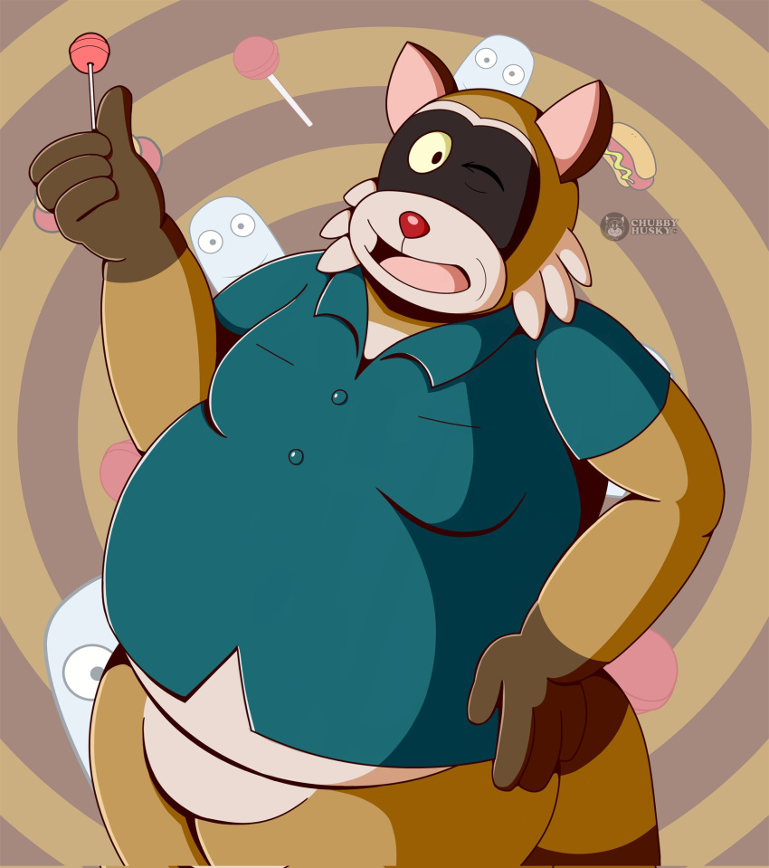 2024 anthro belly big_belly brandonthehusky brown_body candy clothing dessert food hi_res lollipop male mammal moobs one_eye_closed open_mouth overweight overweight_male procyonid raccoon rascal_(robot_dreams) robot_dreams shirt smile solo topwear wink