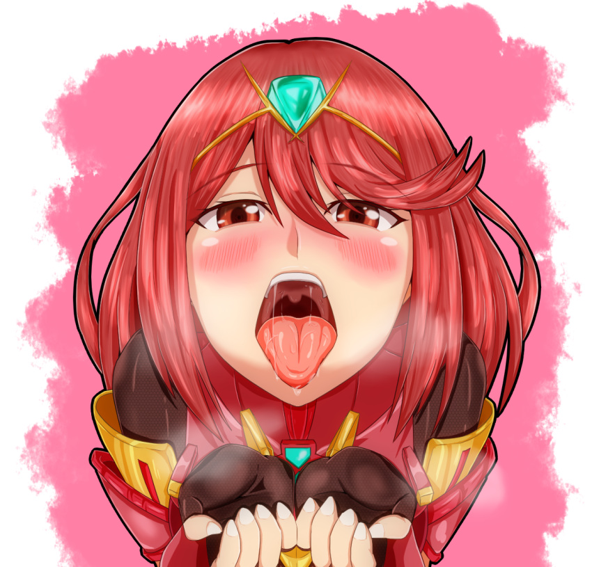 1girl blush breath core_crystal_(xenoblade) cupping_hands fingerless_gloves from_above gloves looking_at_viewer mouth_focus open_mouth oral_invitation own_hands_together pyra_(xenoblade) red_eyes red_hair saliva saliva_trail samu_poteto short_hair solo swept_bangs teeth tiara tongue tongue_out two-tone_background uvula xenoblade_chronicles_(series) xenoblade_chronicles_2