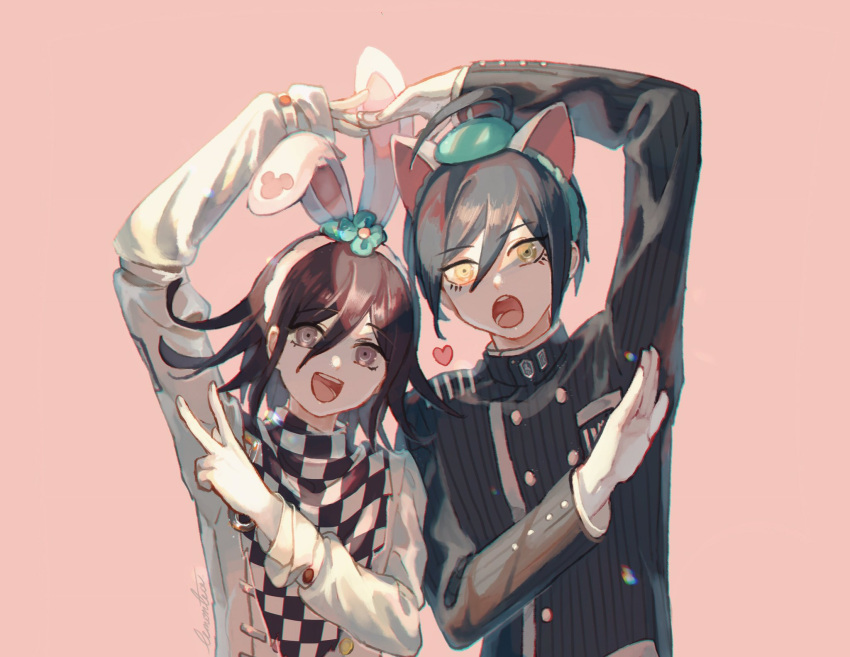 2boys ahoge animal_ear_hairband animal_ears arm_belt arm_up belt black_hair black_jacket black_scarf black_sleeves blue_flower blue_hairband buttons cat_ear_hairband cat_ears chain checkered_clothes checkered_scarf collared_jacket commentary crest danganronpa_(series) danganronpa_v3:_killing_harmony double-breasted eyelashes fake_animal_ears fingernails floppy_ears flower fluffy hair_flower hair_ornament hairband heart high_collar highres jacket layered_sleeves lemontea long_sleeves male_focus multicolored_buttons multiple_belts multiple_boys oma_kokichi open_mouth palms pink_background pinstripe_jacket pinstripe_pattern pocket purple_eyes purple_hair rabbit_ear_hairband rabbit_ears saihara_shuichi scarf short_hair signature simple_background symbol-only_commentary teeth two-tone_scarf upper_body v vertical-striped_sleeves white_belt white_hairband white_jacket white_scarf yellow_eyes