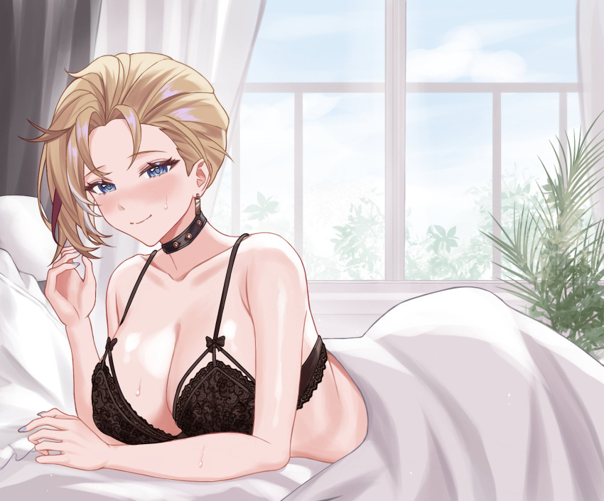 1girl bed_sheet black_bra black_choker blonde_hair blue_nails bra breasts chinoa choker cleavage commission curtains earrings highres honkai:_star_rail honkai_(series) indoors jewelry lace lace_bra large_breasts nail_polish short_hair siobhan_(honkai:_star_rail) solo topless underwear window