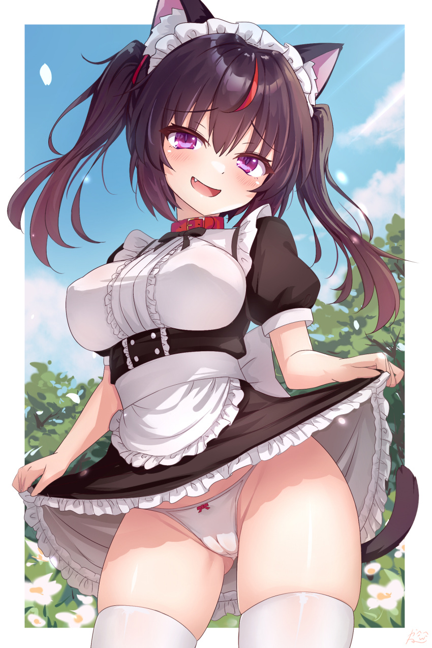 1girl absurdres animal_ear_fluff animal_ears apron belt_collar bikini black_dress black_hair blue_sky blush border bow bow_bikini breasts cat_ears cat_girl cat_tail clothes_lift cloud collar day dress dress_lift fang highres kazuneko-chan kazuneko_(wktk1024) large_breasts long_hair looking_at_viewer maid maid_apron maid_headdress multicolored_hair open_mouth original outdoors outside_border purple_eyes red_collar red_hair red_streaks sky smile solo streaked_hair swimsuit tail thighhighs twintails white_bikini white_border white_thighhighs