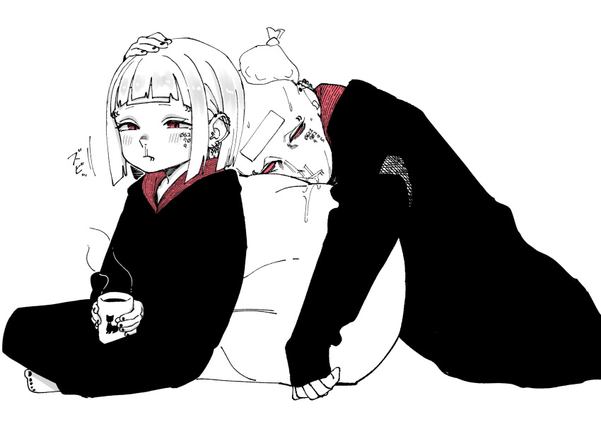 1boy 1girl absurdres bald blush cup cushion ear_piercing earrings highres holding holding_cup hood hooded_coat ice jewelry monochrome original piercing short_hair sick sitting snot spot_color unthuku