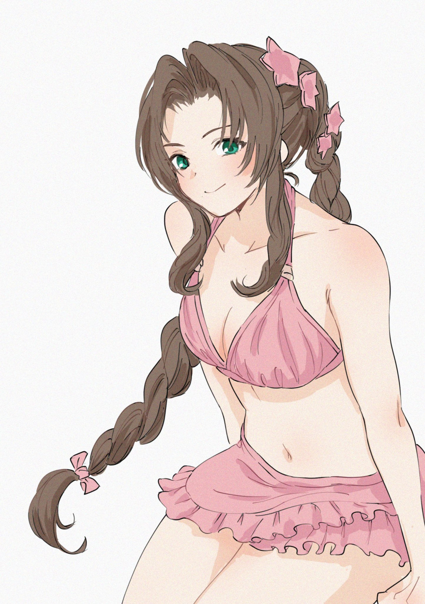 1girl aerith_gainsborough aerith_gainsborough_(pink_mermaid) bare_shoulders bikini bikini_skirt braid braided_ponytail breasts brown_hair cleavage collarbone cowboy_shot final_fantasy final_fantasy_vii final_fantasy_vii_rebirth final_fantasy_vii_remake flower green_eyes hair_flower hair_ornament highres long_hair medium_breasts midriff navel official_alternate_costume parted_bangs pink_bikini pink_flower pink_skirt pulupulupoodle sidelocks single_braid skirt smile solo swimsuit white_background