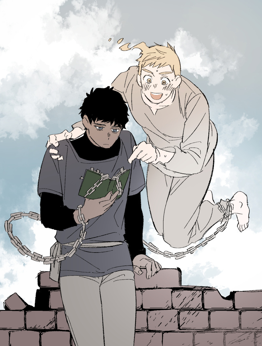 2boys black_hair blonde_hair blue_eyes book brick_wall broken_wall brown_pants brown_shirt chain chained chained_legs closed_mouth cloud cloudy_sky commentary_request cowboy_shot daki_info dark-skinned_male dark_skin dungeon_meshi floating full_body ghost grey_pants grey_sky hand_up highres holding holding_book kabru korean_commentary laios_touden leaning long_hair long_sleeves male_focus multiple_boys open_mouth outdoors pants reading ruins shirt short_hair sky very_short_hair yellow_eyes