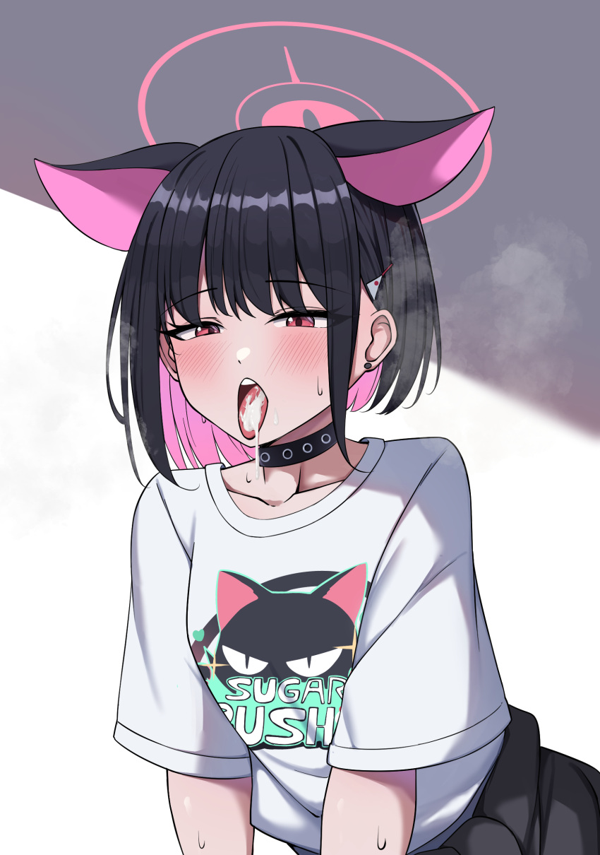 1girl absurdres after_fellatio animal_ears arm_support bent_over black_choker black_hair black_jacket blue_archive blunt_bangs blush bob_cut cat_ears cat_girl choker clothes_around_waist collarbone colored_inner_hair commentary cum cum_in_mouth earrings english_text extra_ears gekhuay halo highres in_heat jacket jacket_around_waist jewelry kazusa_(band)_(blue_archive) kazusa_(blue_archive) logo looking_at_viewer multicolored_hair print_shirt red_eyes sexually_suggestive shirt short_hair short_sleeves sidelocks simple_background solo sweat t-shirt two-tone_hair white_background white_shirt
