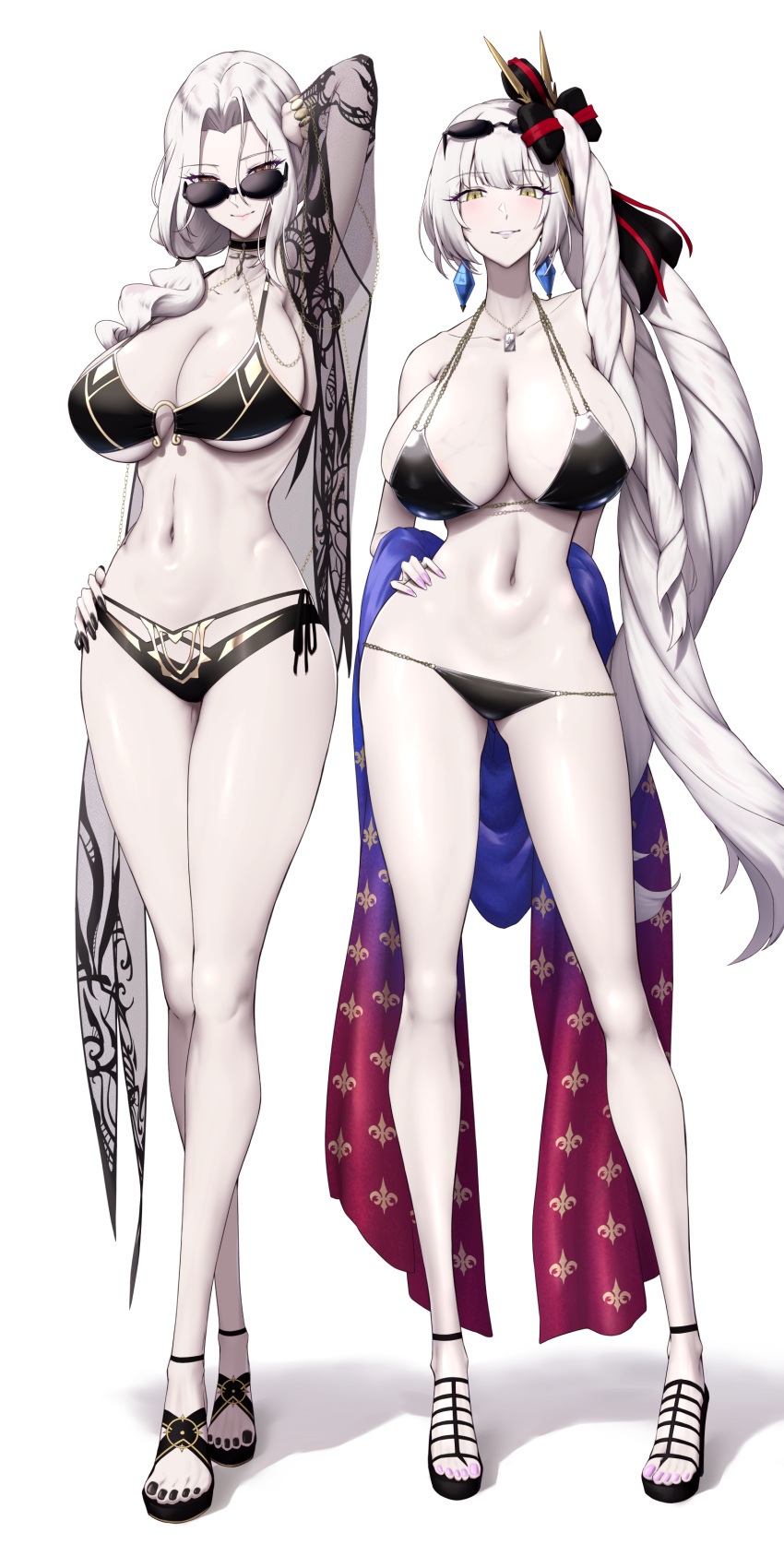 2girls absurdres arm_up bikini black_bikini breasts brown_eyes carmilla_(fate) carmilla_(swimsuit_rider)_(fate) carmilla_(swimsuit_rider)_(third_ascension)_(fate) cleavage commentary_request eyewear_on_head fate/grand_order fate_(series) fingernails full_body hand_on_own_hip high_heels highres huge_breasts jewelry large_breasts long_hair looking_at_viewer marie_antoinette_(alter)_(fate) marie_antoinette_(fate) midriff multiple_girls nail_polish navel necklace paid_reward_available pale_skin shiroshisu simple_background standing stomach sunglasses swimsuit thighs white_background white_hair yellow_eyes