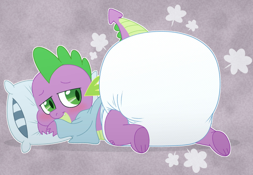 absurd_res anthro big_diaper blush clean_diaper clothing diaper diaper_puff dragon friendship_is_magic green_eyes half-closed_eyes hasbro hi_res male my_little_pony mythological_creature mythological_scalie mythology narrowed_eyes pillow pupils purple_body purple_scales robe scales scalie slit_pupils solo spike_(mlp) tenerius white_diaper