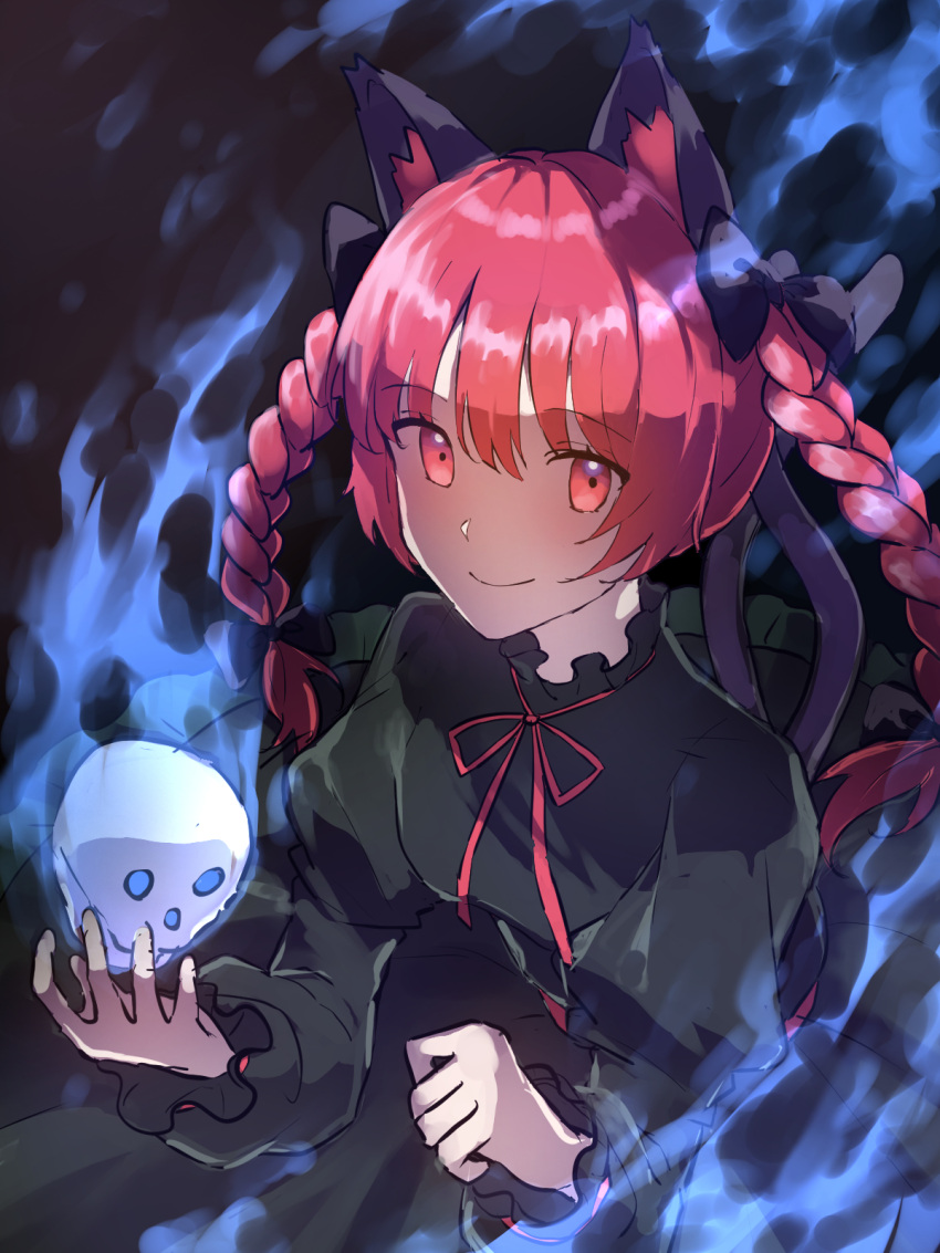 1girl animal_ear_fluff animal_ears black_background black_dress blue_eyes blue_fire braid cat_ears cat_tail chocomin1234 dress fire ghost green_dress highres hitodama holding holding_skull kaenbyou_rin long_sleeves looking_at_viewer multiple_tails puffy_long_sleeves puffy_sleeves red_eyes red_hair skull smile sparks tail touhou twin_braids two_tails