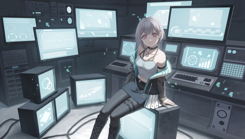 1girl arm_strap bang_dream! bang_dream!_it's_mygo!!!!! black_choker black_footwear black_jacket black_pantyhose boots chinese_commentary choker closed_mouth commentary_request highres jacket keyboard_(computer) knee_boots looking_at_viewer monitor off_shoulder open_clothes open_jacket pantyhose pink_eyes purple_hair shirt sitting solo takamatsu_tomori television thigh_strap white_shirt wire xukong