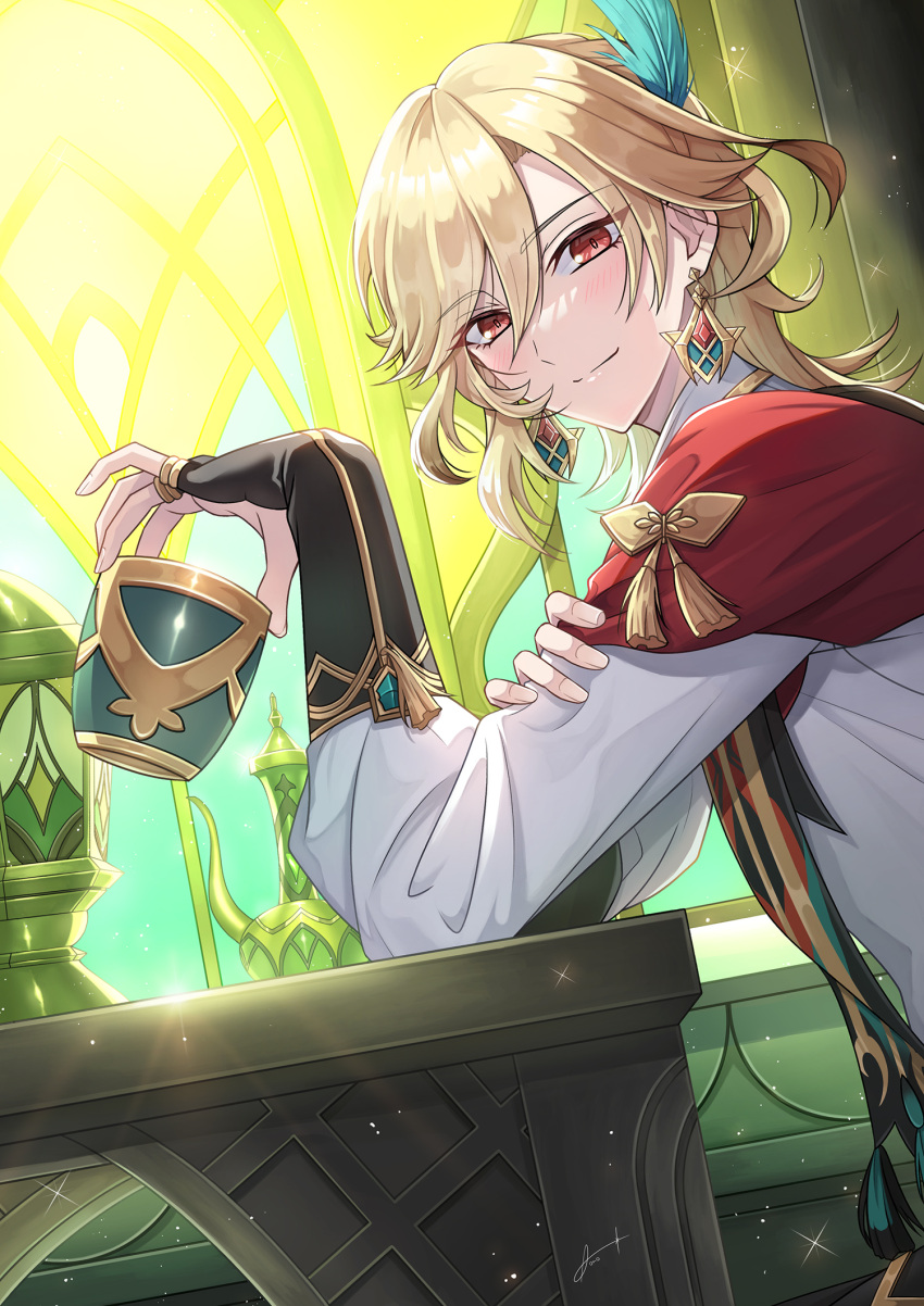 1boy aono_(aono_pic) artist_name black_gloves blonde_hair blush cape closed_mouth commentary_request cup earrings feather_hair_ornament feathers fingerless_gloves genshin_impact gloves gold_trim hair_between_eyes hair_ornament hand_up highres holding holding_cup indoors jewelry kaveh_(genshin_impact) lantern light_particles long_hair long_sleeves looking_at_viewer looking_to_the_side male_focus parted_bangs puffy_long_sleeves puffy_sleeves red_cape red_eyes shirt sidelocks signature sitting smile solo sparkle split_mouth stained_glass table tassel teapot upper_body white_shirt window