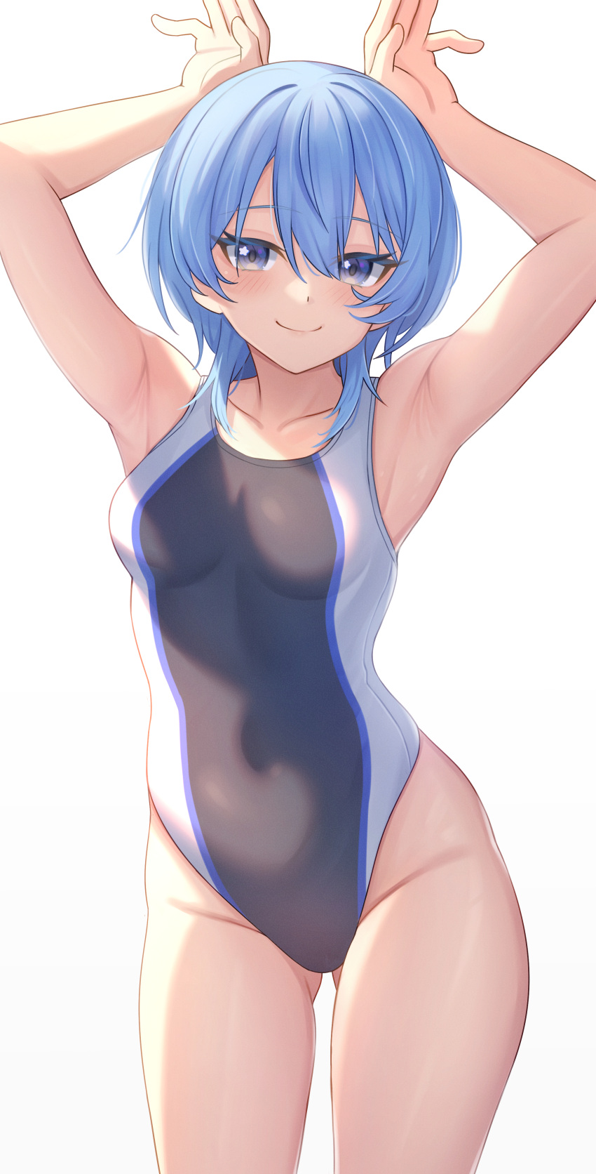 1girl absurdres aoi_zerii armpits black_one-piece_swimsuit blue_eyes blue_hair breasts highres hololive hoshimachi_suisei one-piece_swimsuit rabbit_pose short_hair simple_background small_breasts solo star_(symbol) star_in_eye swimsuit symbol_in_eye two-tone_swimsuit virtual_youtuber white_background