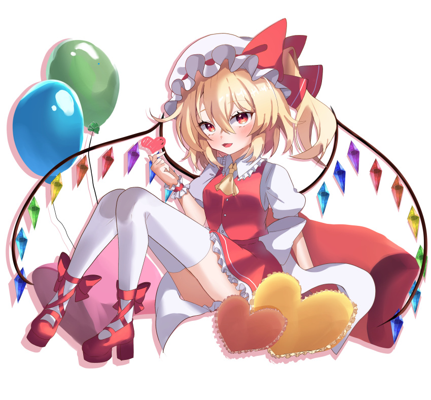 1girl absurdres ascot balloon blonde_hair crystal_wings flandre_scarlet full_body hat hat_ribbon heart high_heels highres iris_(airisu495) open_mouth red_eyes red_ribbon ribbon side_ponytail simple_background solo thighhighs touhou white_background white_mob_cap white_thighhighs wrist_cuffs yellow_ascot