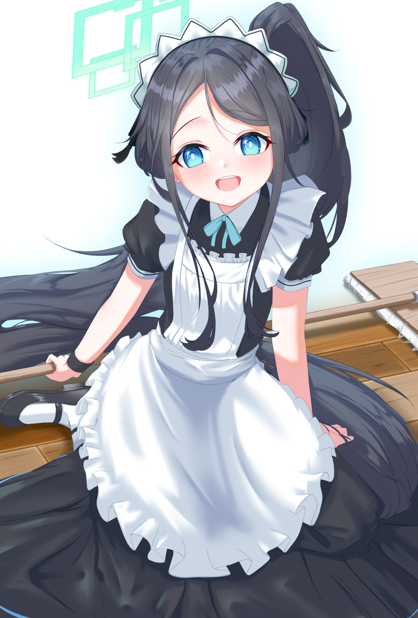 1girl :d @_@ absurdly_long_hair absurdres apron aqua_ribbon aris_(blue_archive) aris_(maid)_(blue_archive) arm_support black_dress black_footwear black_hair blue_archive blue_eyes bright_pupils broom collared_shirt dot_nose dress frilled_apron frills hair_intakes highres holding holding_broom light_blush long_hair looking_at_viewer maid maid_apron maid_headdress mary_janes mayou940114 neck_ribbon on_floor parted_bangs ponytail puffy_short_sleeves puffy_sleeves raised_eyebrows ribbon shirt shoes short_sleeves sidelocks single_wrist_cuff sitting smile socks tareme teeth upper_teeth_only very_long_hair wariza white_apron white_pupils white_shirt white_socks wooden_floor wrist_cuffs