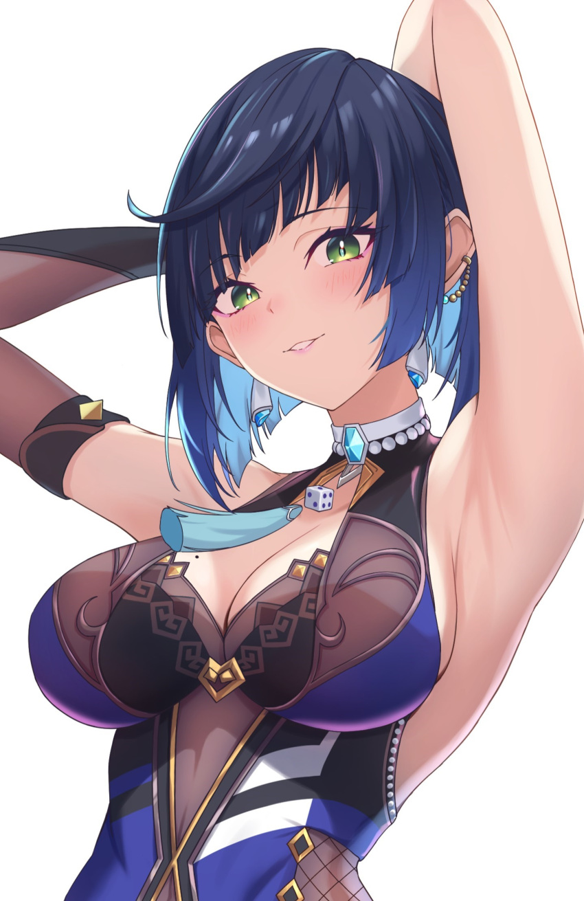 1girl armpits arms_behind_head arms_up blue_dress blue_hair blunt_bangs breasts cleavage commentary_request dress earrings genshin_impact green_eyes highres jewelry parted_lips short_hair simple_background sleeveless sleeveless_dress solo upper_body vic_1223 white_background yelan_(genshin_impact)