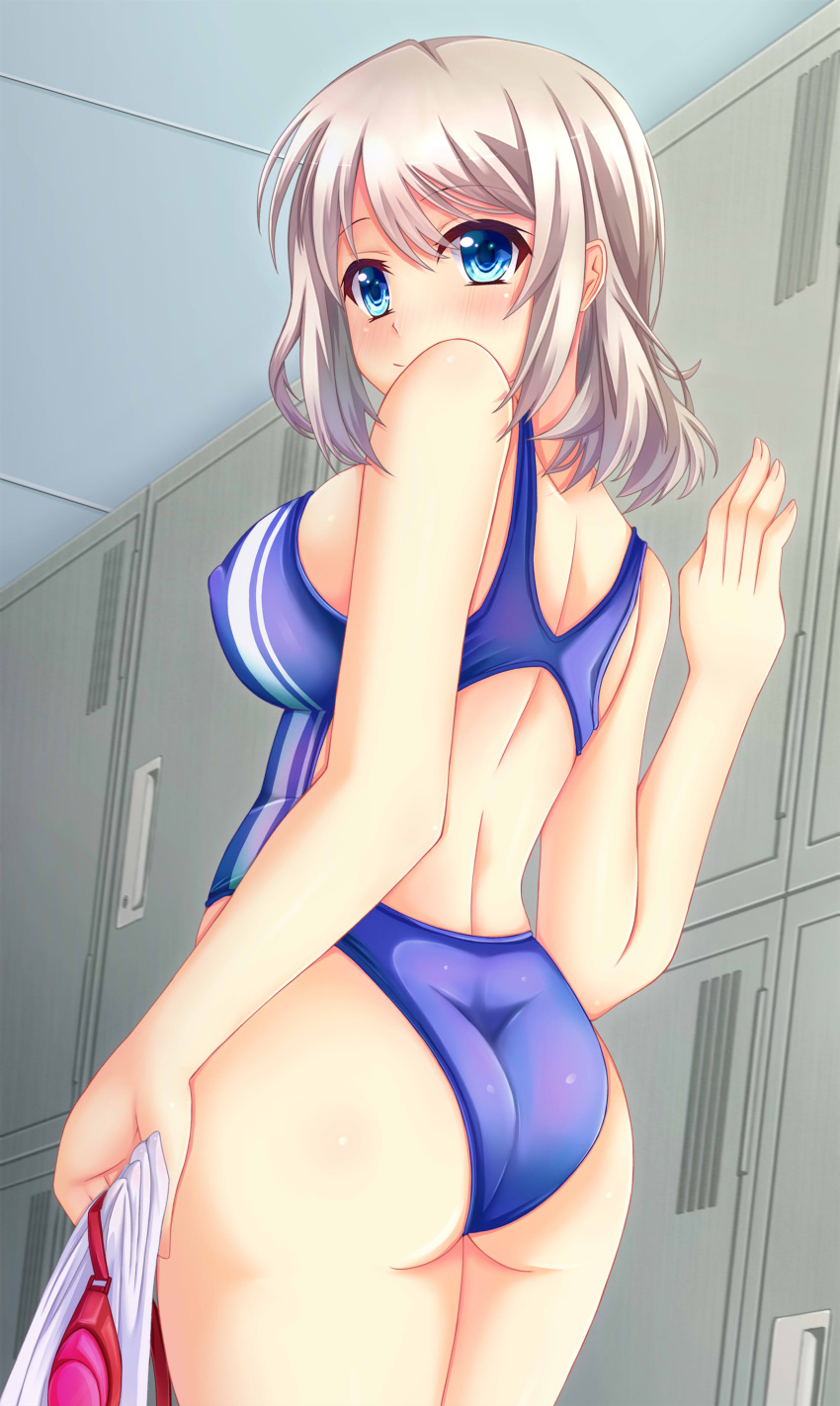 1girl absurdres ass blue_eyes breasts brown_hair competition_swimsuit covered_nipples goggles highres locker love_live! love_live!_sunshine!! one-piece_swimsuit short_hair siki2046 solo swimsuit watanabe_you