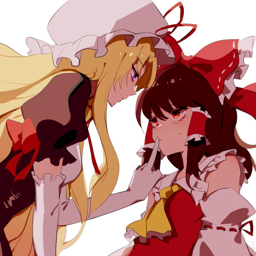 2girls ascot blonde_hair bow brown_hair closed_mouth commentary_request detached_sleeves dress elbow_gloves eye_contact finger_to_another's_mouth frilled_bow frilled_hair_tubes frills gloves hair_bow hair_tubes hakurei_reimu hat hat_ribbon height_difference highres light_blush long_hair looking_at_another mob_cap multiple_girls purple_dress purple_eyes red_bow red_eyes red_ribbon ribbon ribbon-trimmed_sleeves ribbon_trim short_sleeves smile sweatdrop torino_sasami touhou very_long_hair white_gloves yakumo_yukari yuri