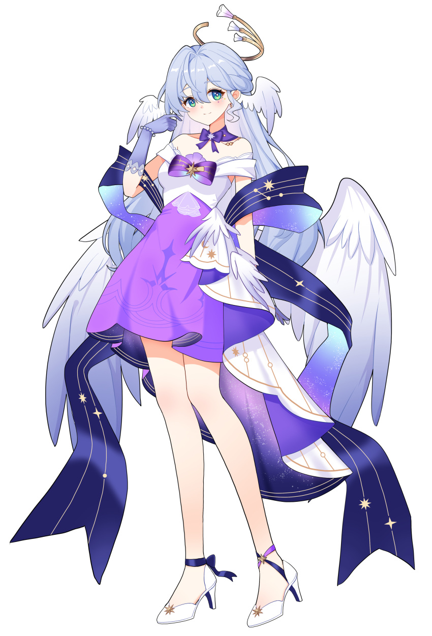 1girl absurdres aqua_eyes bare_shoulders blue_skirt bow commentary ff2074 full_body gloves grey_gloves grey_hair hand_up head_wings high_heels highres honkai:_star_rail honkai_(series) long_hair looking_at_viewer off-shoulder_shirt off_shoulder purple_bow robin_(honkai:_star_rail) shirt short_sleeves simple_background skirt smile solo standing very_long_hair white_background white_footwear white_shirt wings