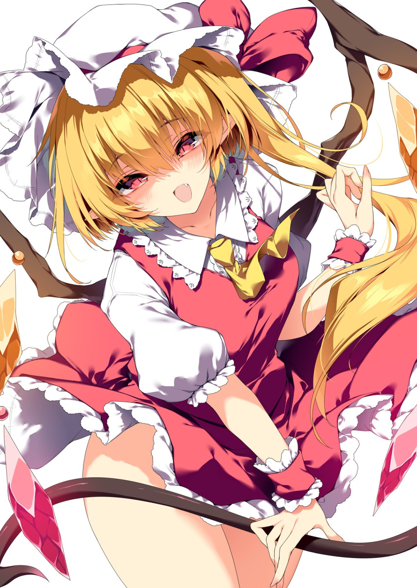 1girl blonde_hair commentary_request cowboy_shot crystal_wings flandre_scarlet hat hat_ribbon highres long_hair looking_at_viewer mob_cap one_side_up pointy_ears red_eyes red_ribbon red_skirt red_vest ribbon sakurame shirt short_sleeves simple_background skirt slit_pupils solo touhou vest white_background white_hat white_shirt