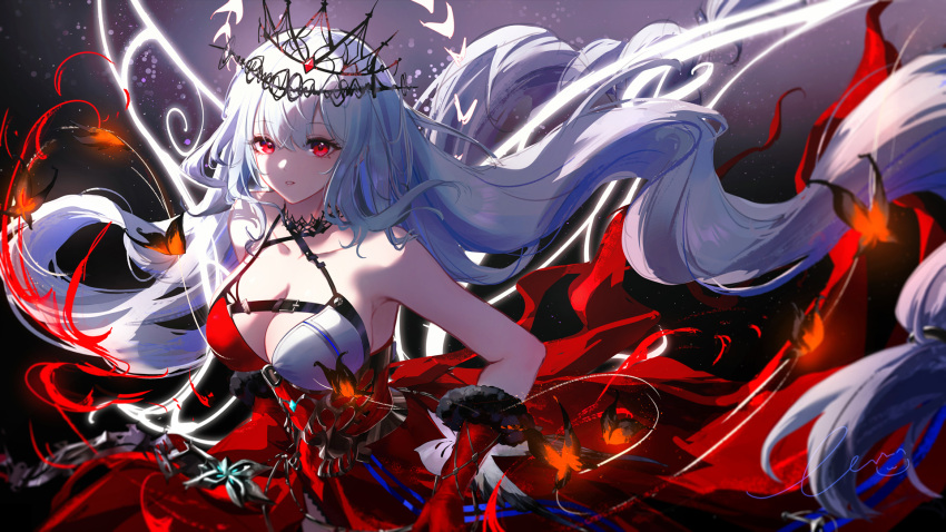 1girl arknights bare_shoulders breasts cleavage commentary_request cowboy_shot crown dress elbow_gloves floating_hair fur-trimmed_gloves fur_trim gloves highres large_breasts liu_liaoliao long_hair looking_at_viewer official_alternate_costume parted_lips red_dress red_eyes red_gloves signature skadi_(arknights) skadi_the_corrupting_heart_(arknights) skadi_the_corrupting_heart_(red_countress)_(arknights) solo very_long_hair white_hair