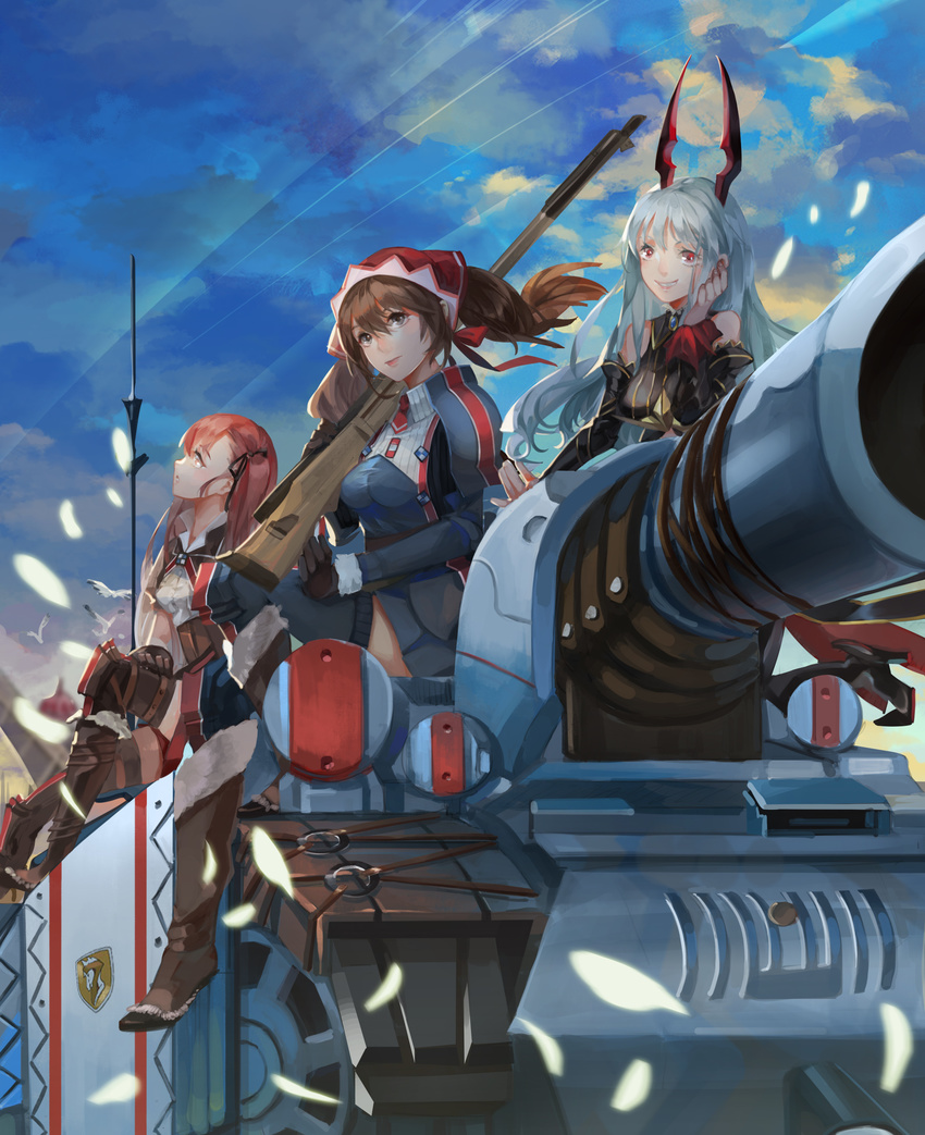 absurdres aliasse alicia_melchiott bare_shoulders bird boots bow breasts brown_eyes brown_hair cloud cloudy_sky edelweiss_(senjou_no_valkyria) fur_trim gloves grin ground_vehicle gun hair_bow hair_ribbon head_rest highres horned_headwear insignia long_hair looking_up medium_breasts military military_uniform military_vehicle mizukiyan motor_vehicle multicolored_hair multiple_girls on_vehicle petals red_eyes red_hair ribbon riela_marcellis rifle senjou_no_valkyria senjou_no_valkyria_1 senjou_no_valkyria_2 senjou_no_valkyria_3 silver_hair sitting sky smile tank thighhighs uniform weapon zettai_ryouiki