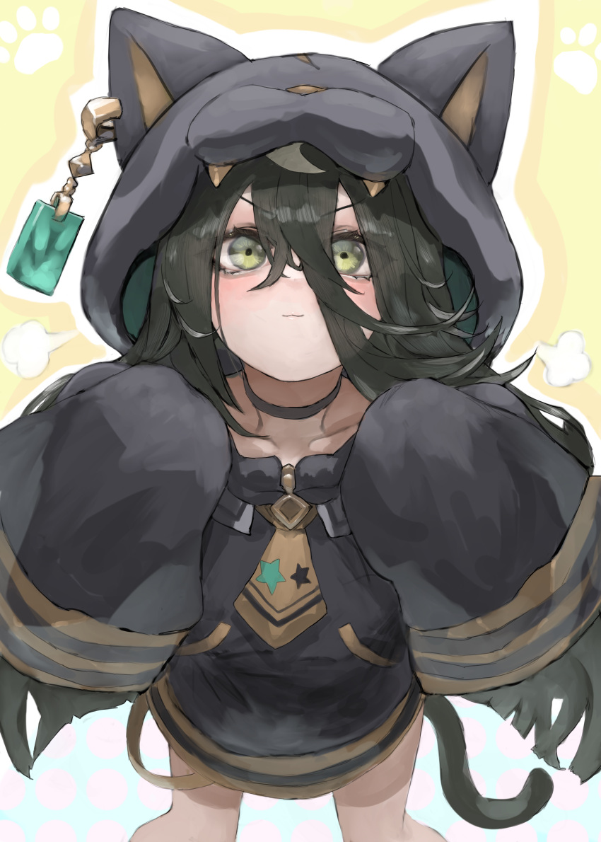 1girl :3 absurdres animal_ears black_choker black_hair black_jacket cat_ears choker collarbone ear_tag fake_animal_ears highres hood hood_up hooded_jacket jacket long_bangs long_hair long_hair_between_eyes manhattan_cafe_(umamusume) necktie paw_pose sleeves_past_fingers sleeves_past_wrists solo tonariuta umamusume very_long_hair yellow_eyes yellow_necktie