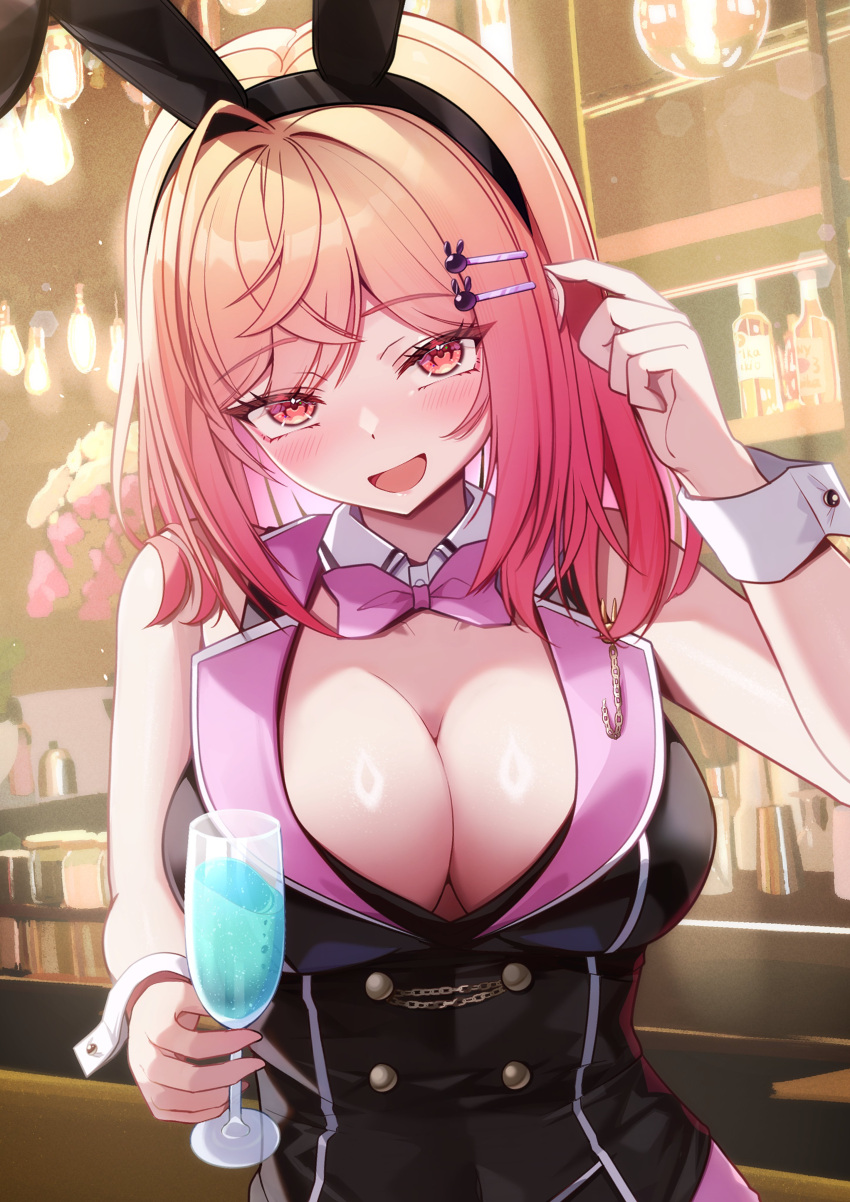 1girl absurdres ahoge akuame_(ring3922) alternate_costume animal_ears black_vest blush breasts bunny_garden cleavage collar cup detached_collar drinking_glass fake_animal_ears hair_ornament hairclip hairpin highres holding holding_cup hololive hololive_dev_is ichijou_ririka large_breasts long_hair looking_at_viewer open_mouth orange_eyes orange_hair pink_eyes pink_hair playboy_bunny rabbit_ears short_hair smile solo vest virtual_youtuber white_collar white_wrist_cuffs wine_glass wrist_cuffs