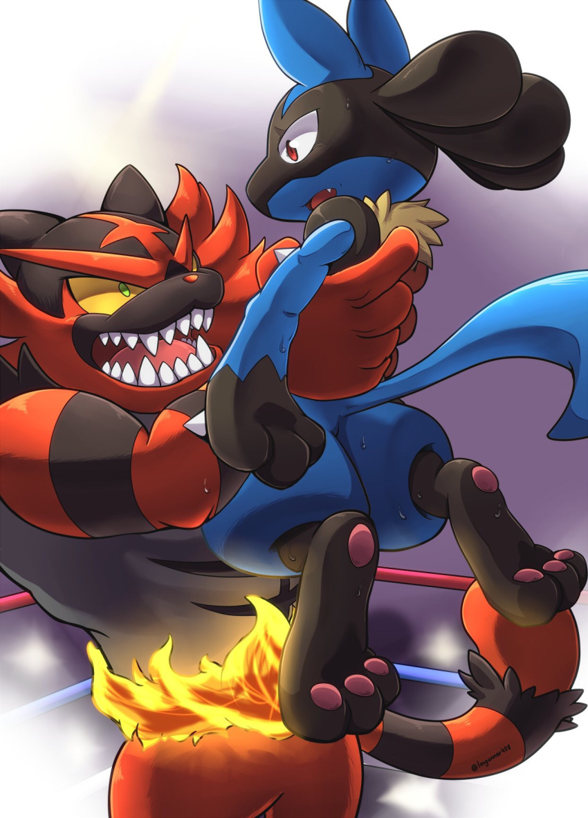 2019 alternate_version_at_source ambiguous_gender duo eye_contact green_eyes holding_character incineroar lmgunner428 lucario male nintendo pok&eacute;mon pok&eacute;mon_(species) red_eyes sharp_teeth size_difference sweat teeth video_games