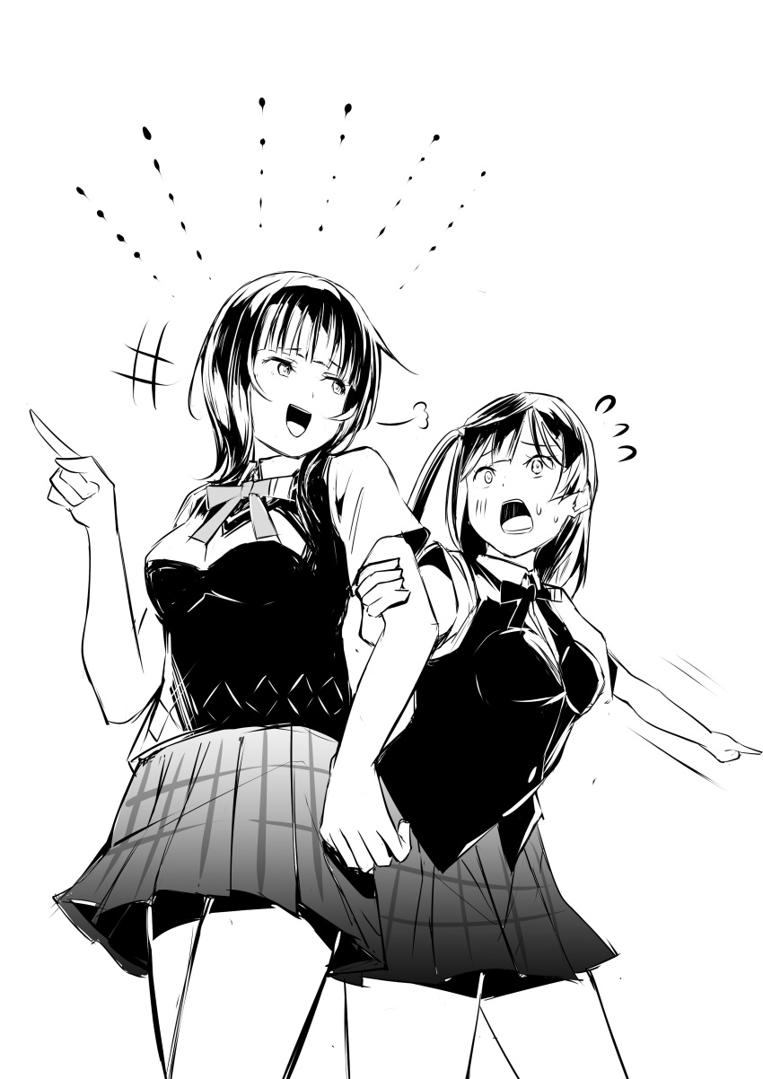 2girls absurdres arm_grab asaka_karin blunt_bangs blush breasts collared_shirt commentary_request flying_sweatdrops furrowed_brow greyscale highres long_hair looking_at_another love_live! love_live!_nijigasaki_high_school_idol_club medium_breasts medium_hair monochrome multiple_girls neck_ribbon nijigasaki_academy_school_uniform plaid plaid_skirt pleated_skirt pointing puff_of_air ribbon school_uniform shirt shoes short_sleeves single_shoe skirt standing summer_uniform sweat tommer upper_body white_background yuki_setsuna_(love_live!)