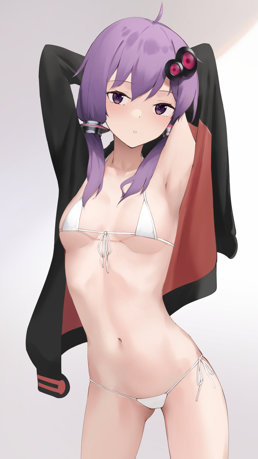 1girl absurdres ahoge arms_up bikini blush breasts cowboy_shot expressionless hair_ornament highres jacket looking_at_viewer micro_bikini navel open_clothes open_jacket parted_lips penguin_(dx19291005) purple_eyes purple_hair short_hair_with_long_locks small_breasts solo swimsuit vocaloid voiceroid white_bikini yuzuki_yukari