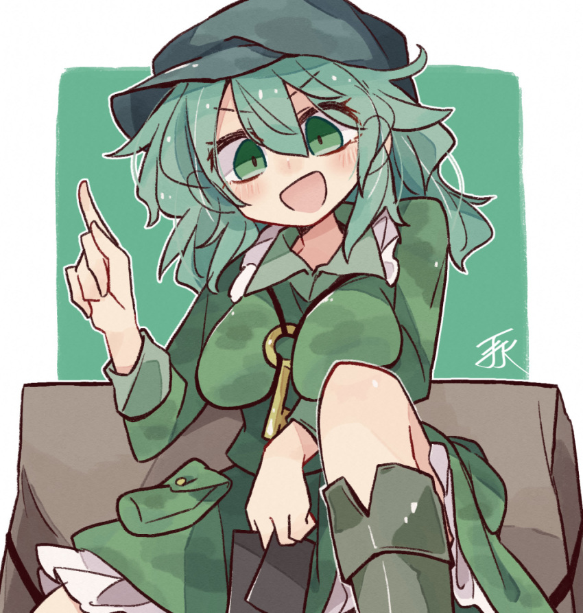 1girl boots breasts commentary flat_cap green_background green_eyes green_hair green_skirt hat highres index_finger_raised key large_breasts looking_at_viewer minoru_minoru open_mouth pocket signature skirt solo touhou v-shaped_eyebrows yamashiro_takane