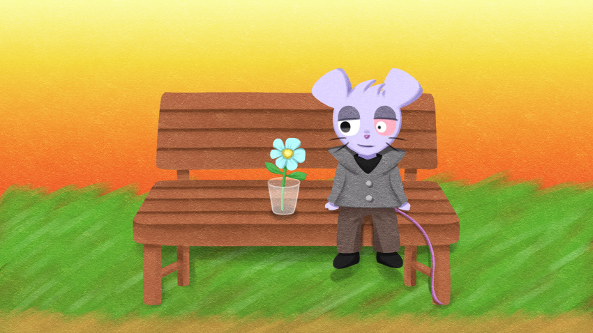 anthro bench black_clothing black_footwear black_shoes bratley clothing coat flower footwear fur grass grey_clothing hi_res male mammal murid murine on_bench oyasaioni9 plant purple_body purple_fur rat rat_on_the_bench rodent sitting sitting_on_bench solo starisland sunset topwear