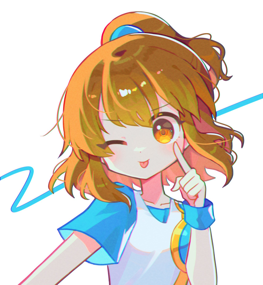 1girl :p akanbe arle_nadja blue_shirt blue_wrist_cuffs closed_mouth eyelid_pull finger_to_eye highres index_finger_raised layered_shirt looking_at_viewer medium_hair offbeat one_eye_closed orange_eyes orange_hair ponytail puyopuyo shirt short_ponytail sidelocks simple_background sleeveless sleeveless_shirt solo tank_top tongue tongue_out upper_body white_background white_tank_top wrist_cuffs