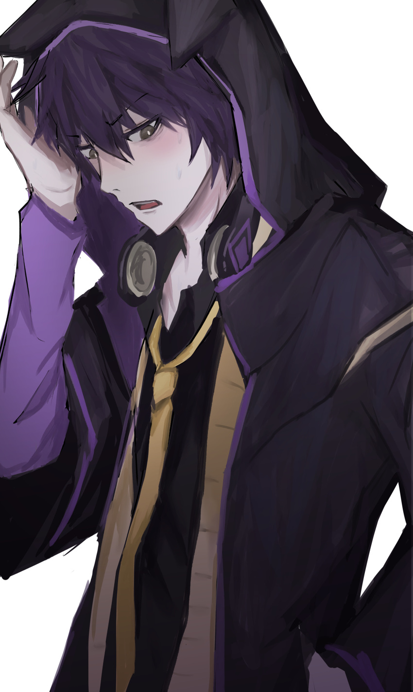 1boy absurdres animal_hood black_eyes black_hoodie black_shirt blush commentary ena_(meyyou_1) hair_between_eyes hand_up headphones headphones_around_neck highres hood hood_up hoodie ling_(mahjong_soul) long_bangs long_sleeves looking_down mahjong_soul male_focus necktie open_clothes open_hoodie open_mouth purple_hair purple_hoodie shirt short_hair simple_background solo two-sided_hoodie upper_body v-shaped_eyebrows white_background yellow_necktie