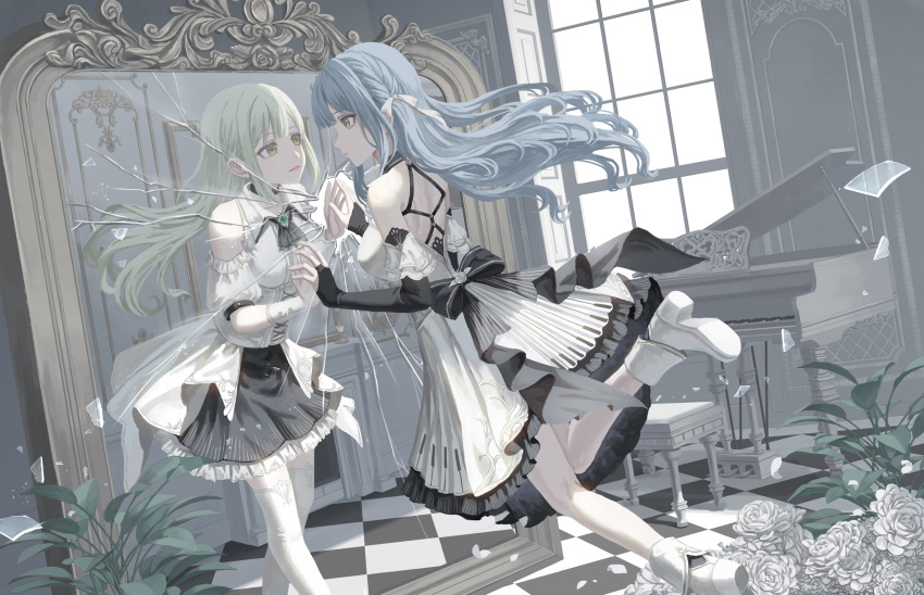 2girls ascot bang_dream! bang_dream!_it's_mygo!!!!! black_ascot black_gloves black_skirt blue_hair bridal_gauntlets chinese_commentary closed_mouth clothing_cutout commentary_request crack cracked_glass dress elbow_gloves flower gloves grand_piano green_hair hair_ribbon highres indoors instrument long_hair looking_at_another multiple_girls piano piano_bench plant potted_plant ribbon rose shoulder_cutout skirt thighhighs tile_floor tiles togawa_sakiko wakaba_mutsumi white_dress white_flower white_footwear white_gloves white_ribbon white_rose white_thighhighs wind xukong yellow_eyes