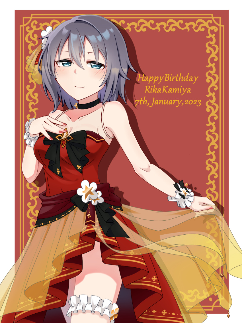 1girl bare_shoulders black_bow black_choker blue_eyes blush bow breasts bridal_garter character_name choker cleavage closed_mouth clothes_lift collarbone commentary cowboy_shot dated dress dress_lift flower frills grey_hair hair_between_eyes hair_ornament half-closed_eyes hand_on_own_chest happy_birthday highres kamiya_rika lifted_by_self looking_at_viewer love_live! love_live!_school_idol_festival medium_breasts nail_polish red_background red_dress red_nails see-through short_hair smile solo standing strapless strapless_dress tetetsu_(yuns4877) wrist_cuffs