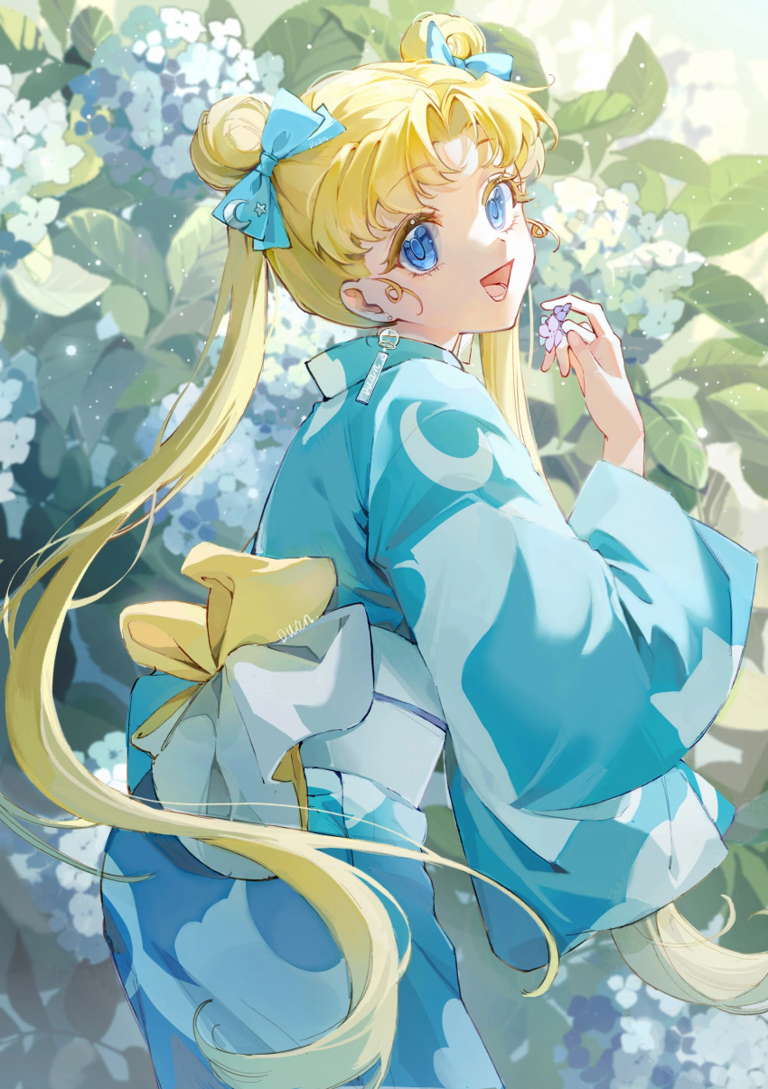 1girl :d absurdres bishoujo_senshi_sailor_moon blonde_hair blue_bow blue_eyes blue_kimono bow chuanhe_duanduanzi crescent_print double_bun earrings flower from_side hair_bow hair_bun hand_up highres holding holding_flower hydrangea japanese_clothes jewelry kimono long_hair looking_at_viewer obi plant sash signature smile solo tsukino_usagi twintails upper_body very_long_hair wind_chime_earrings